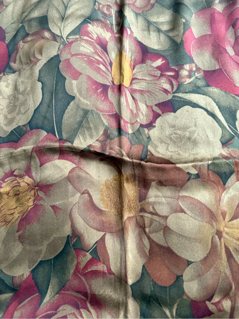 CHANEL Olive Green Scarf with Pink Floral and Pearl Motif - Picture 5 of 7
